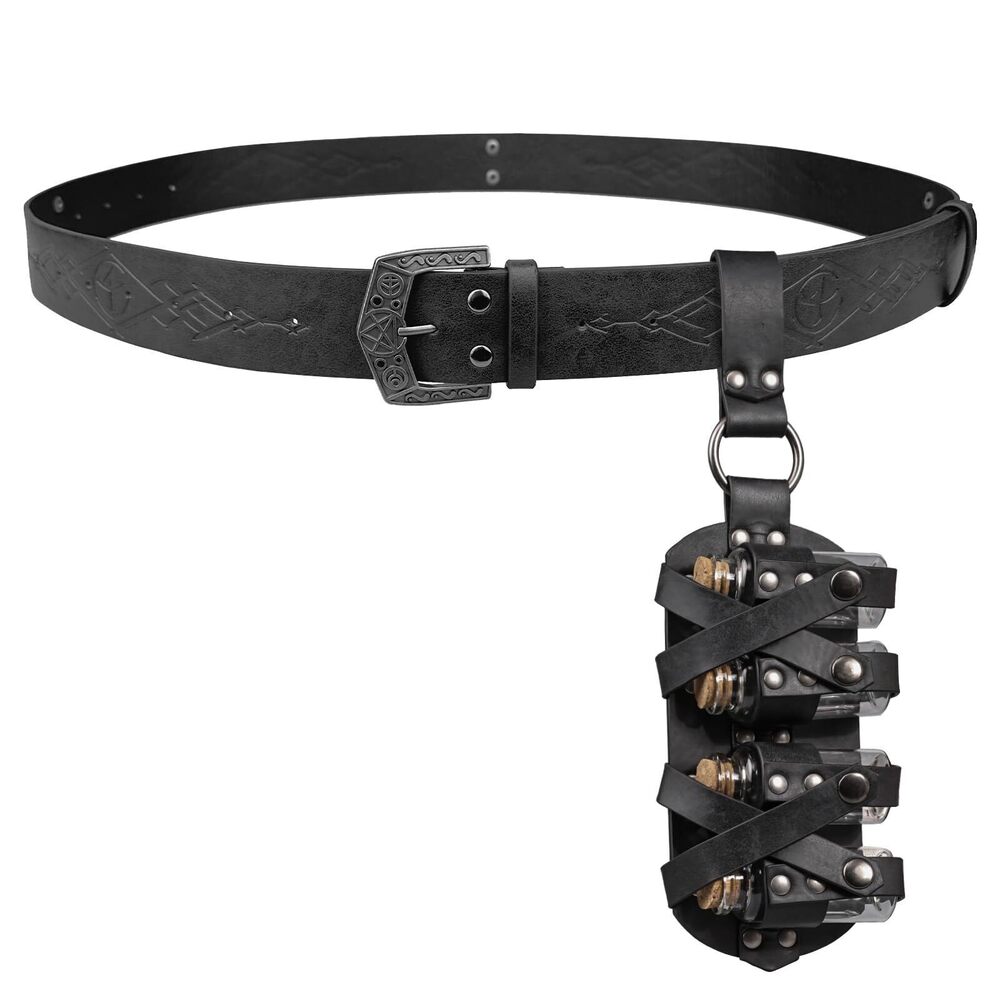 2188 Medieval Embossed Alchemy Faux Leather Buckle Belt with 4 Cork Vials